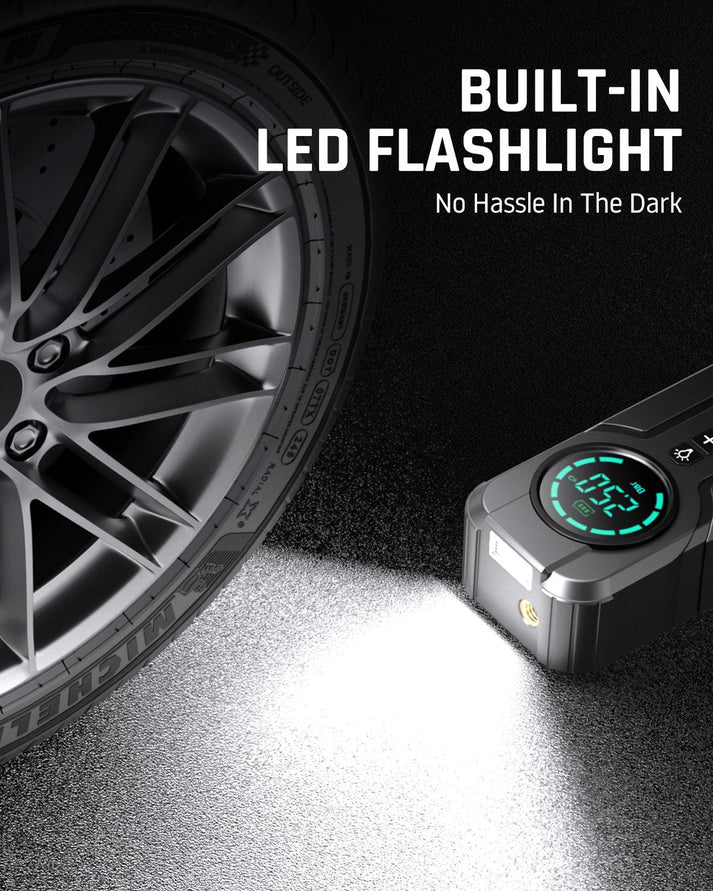 Rechargeable Portable Air Compressor with Power Bank and Flashlight - Jump Starter and Calibrator